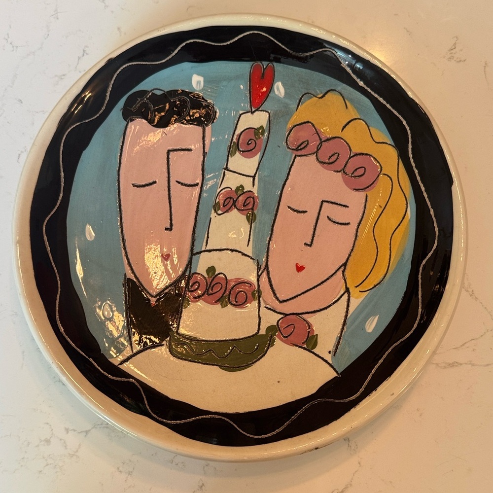 1980s unique Sandra Magsamen Wedding Plate Pottery Rare Dish Groom Bride cake